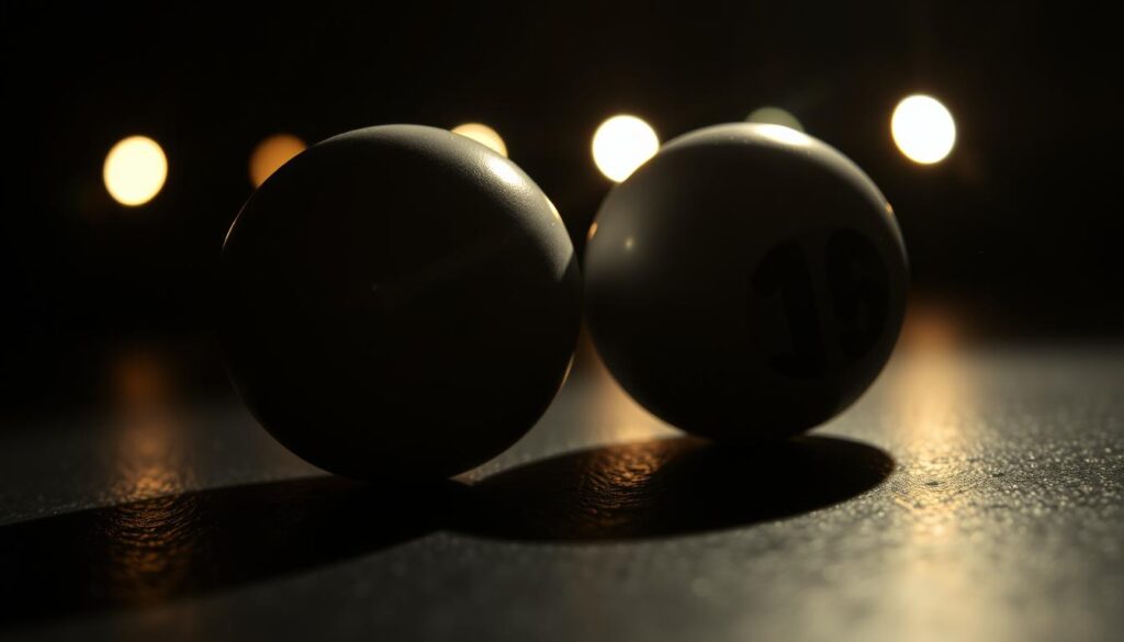 A close-up shot of two lottery balls resting on a dark, textured surface, creating an atmospheric and moody scene. The balls are illuminated from the side, casting dramatic shadows and highlights that accentuate their spherical forms. The background is blurred, keeping the focus on the central objects. The lighting and composition evoke a sense of anticipation and the allure of chance, reflecting the excitement and importance of the "lo de" (lottery numbers) that often appear together.