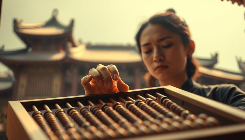 A close-up view of a person's hands skillfully operating a Chinese abacus, with a serene, meditative expression on their face. The abacus is set against a blurred, hazy backdrop of traditional Asian architecture, evoking a sense of wisdom and time-honored practices. Warm, natural lighting casts a soft glow, highlighting the intricate movements and the tactile experience of using this ancient calculating tool. The overall mood is one of focus, tranquility, and the mastery of a specialized technique passed down through generations.