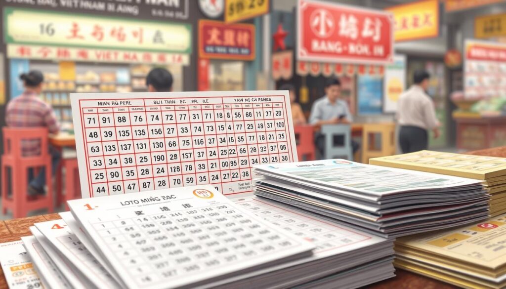 A detailed close-up illustration of the fundamental concepts of northern Vietnam lottery (lô đề miền Bắc). The image showcases the key components and mechanics of this traditional gambling system, rendered with a realistic, technical style. Prominent in the foreground are various lottery tickets, number grids, and betting slips, displayed against a blurred background of lottery shops and street scenes. The lighting is soft and diffused, creating a sense of focus on the central elements. The overall mood is informative and educational, conveying the intricacies of this longstanding northern Vietnamese pastime.