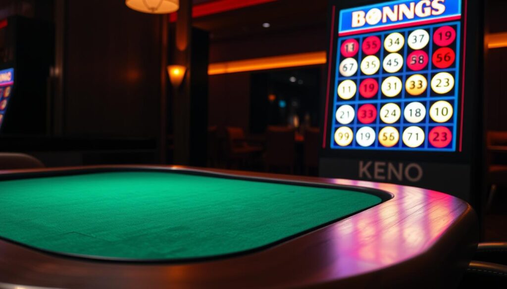 A dimly lit casino table with a vibrant Keno display board prominently showcased. The table features a sleek, dark wooden surface, providing a sophisticated ambiance. Green felt covers the playing area, inviting players to place their bets. On the display board, glowing numbered balls dance across a digital screen, captivating the viewers. The lighting is warm and atmospheric, creating a sense of anticipation and excitement. The scene is captured from a slightly elevated angle, allowing the viewer to take in the full scope of the Keno setup. This image aims to introduce the basic mechanics and allure of the Keno lottery game.