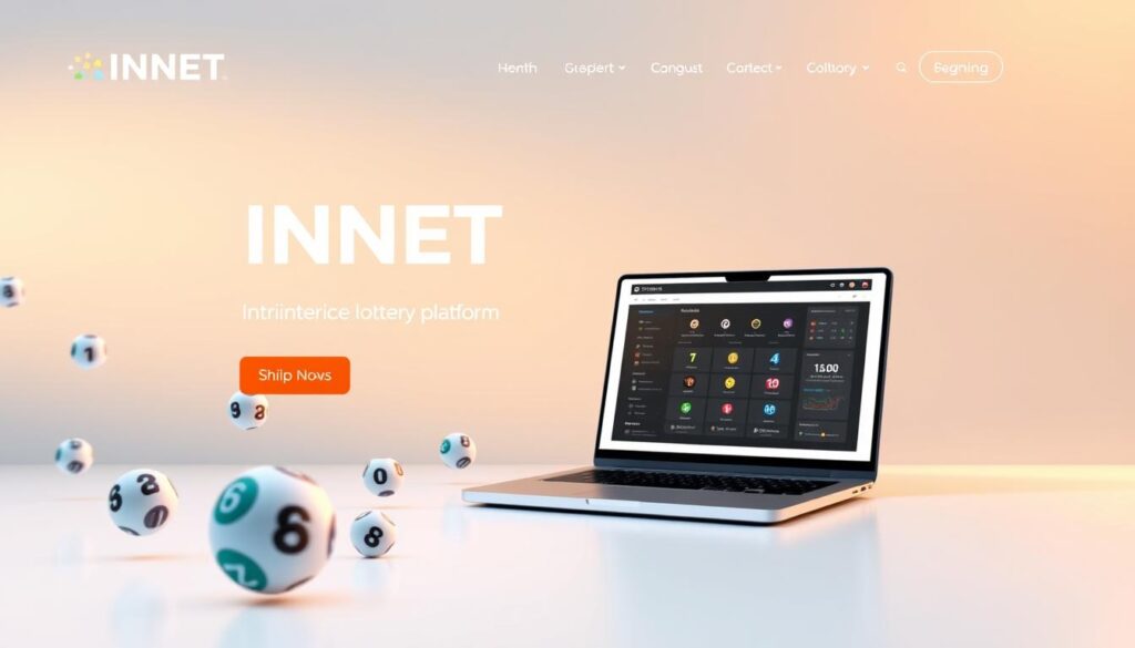 A modern, sleek website interface showcasing the "INNET" online lottery platform. The layout features a clean, minimalist design with a prominent hero section displaying the brand name and tagline. In the foreground, an array of stylized lottery balls and numbers float effortlessly, creating a sense of movement and anticipation. The middle ground depicts a laptop or desktop computer displaying the INNET platform, its intuitive user interface inviting the viewer to explore. The background is filled with a subtle gradient, evoking a sense of digital elegance and trustworthiness. Soft, directional lighting casts a warm glow, conveying a professional and reliable atmosphere. The overall composition aims to capture the essence of a reputable, user-friendly online lottery service.
