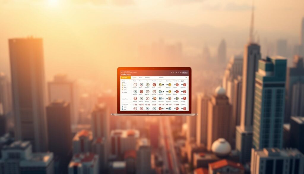 A modern, well-designed online lottery platform, "nhà cái uy tín lodeonline", prominently displayed in the center of the frame. The platform's interface is sleek and intuitive, showcasing a variety of lottery options against a softly blurred background of a bustling city skyline. The scene is bathed in warm, golden lighting, creating a sense of trustworthiness and reliability. The overall composition conveys a professional, yet approachable atmosphere, suitable for an article on accurate lottery forecasting and the INNET online lottery service.