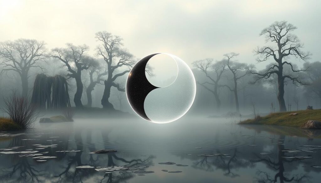 A serene, ethereal landscape depicting the concept of "Yin-Yang" in the context of lottery (lô đề) analysis. In the foreground, a delicate, shimmering Yin-Yang symbol hovers, its two halves in perfect balance, one dark and one light. The middle ground features a tranquil pond, its surface like a mirror, reflecting the Yin-Yang above. In the background, a misty, otherworldly forest of ancient trees and shrouded in a soft, diffuse light, hinting at the hidden, mystical nature of the subject. The overall mood is one of contemplation, harmony, and the interplay of opposing forces that govern the natural world and, by extension, the patterns of chance and fate inherent in lottery systems.