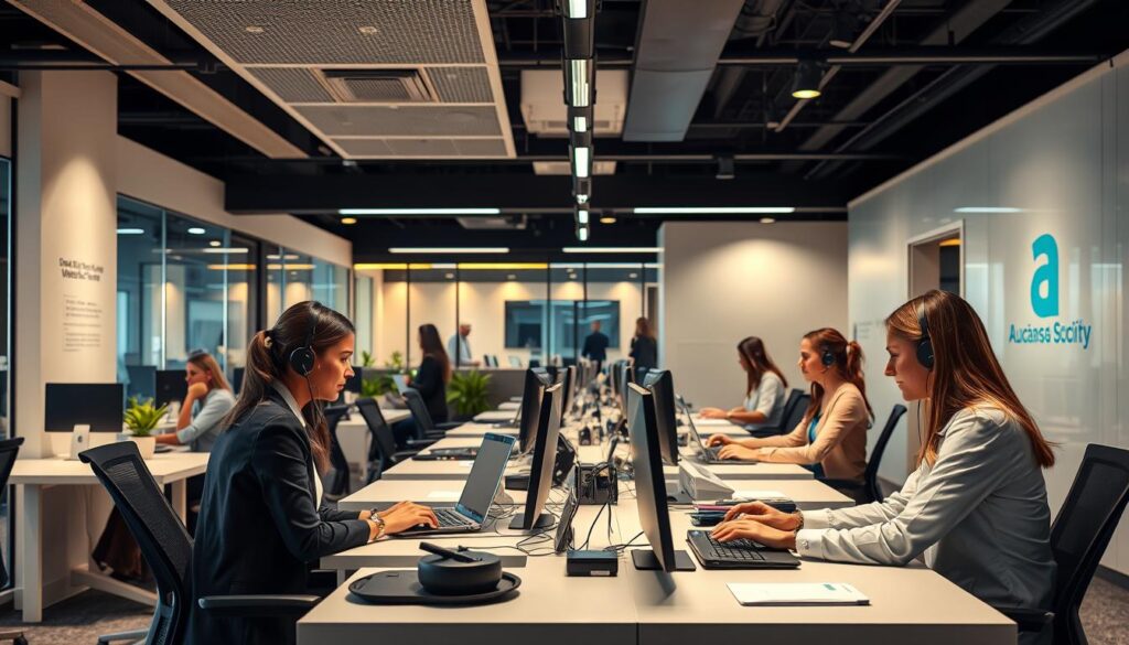 A sleek, modern office interior with professional customer service representatives assisting clients at their desks. The lighting is warm and inviting, with a mix of natural light and soft overhead fixtures. The desks are arranged in a layout that encourages collaboration and open communication. The representatives wear formal attire and have a welcoming, attentive demeanor as they interact with customers. In the background, a clean, minimalist design aesthetic with subtle branding elements creates a cohesive, high-quality visual experience. The overall atmosphere conveys a sense of efficiency, reliability, and a customer-centric approach to service.