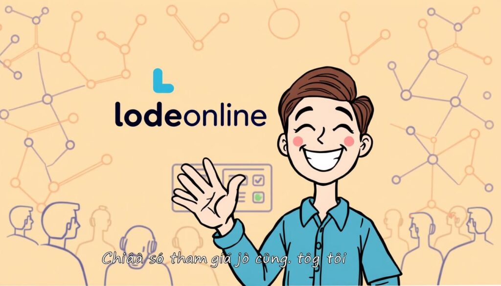A vibrant, hand-drawn user review illustration for lodeonline.in.net. In the foreground, a friendly avatar cheerfully shares their positive experience, gesturing enthusiastically. The middle ground features a stylized lodeonline logo and interface elements, conveying the digital platform. In the background, a warm, abstract pattern of interconnected shapes and lines suggests the concept of community and collaboration. The overall mood is inviting, energetic, and visually engaging, reflecting the "Chia sẻ tham gia cùng chúng tôi" section of the article.